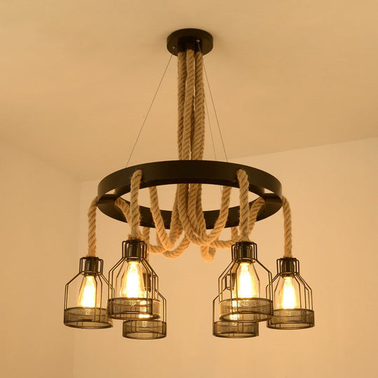 Caged Industrial Chandelier Pendant Light With Hemp Rope In Black 6 /