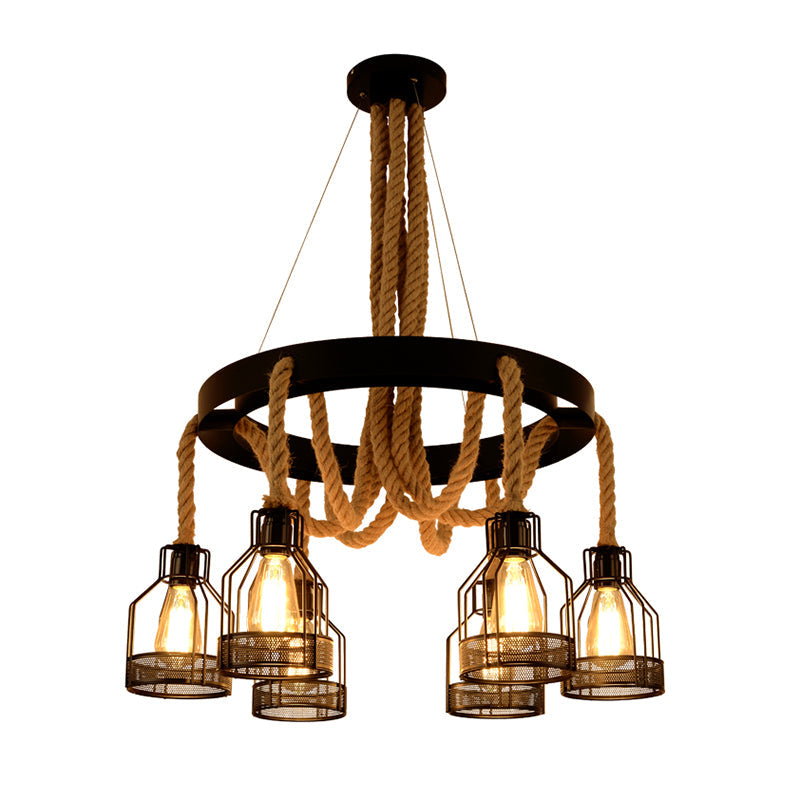 Industrial Iron Cage Chandelier Pendant with Hemp Rope in Black for Restaurants