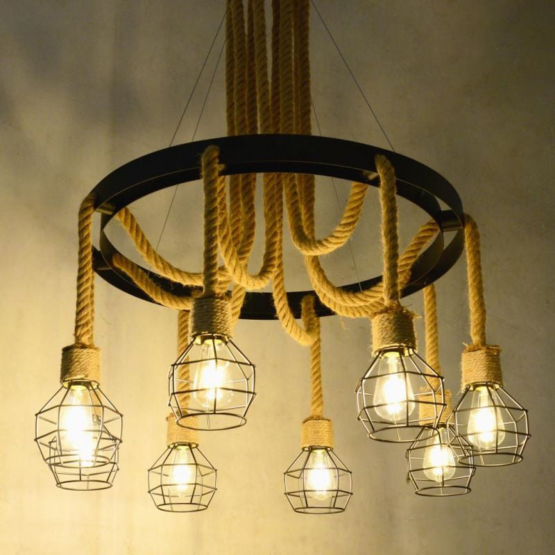 Retro-Style Metallic Ceiling Light With Hemp Rope For Restaurants - Black Grenade Chandelier 8 /