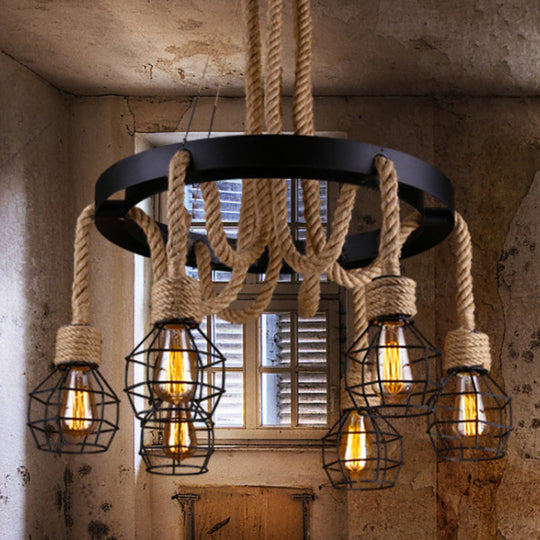 Retro-Style Metallic Ceiling Light With Hemp Rope For Restaurants - Black Grenade Chandelier 6 /