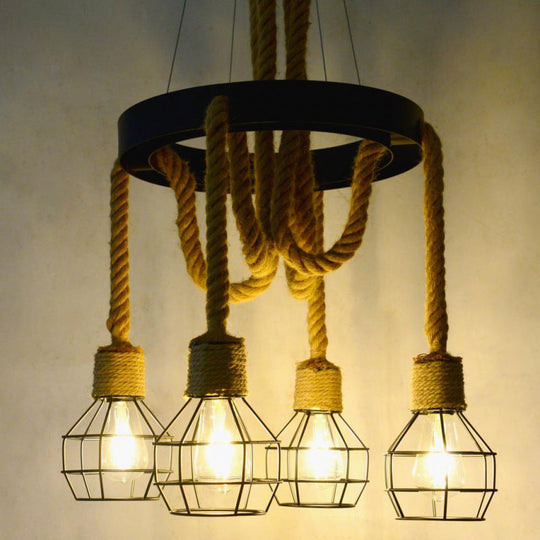 Retro-Style Metallic Ceiling Light With Hemp Rope For Restaurants - Black Grenade Chandelier 4 /