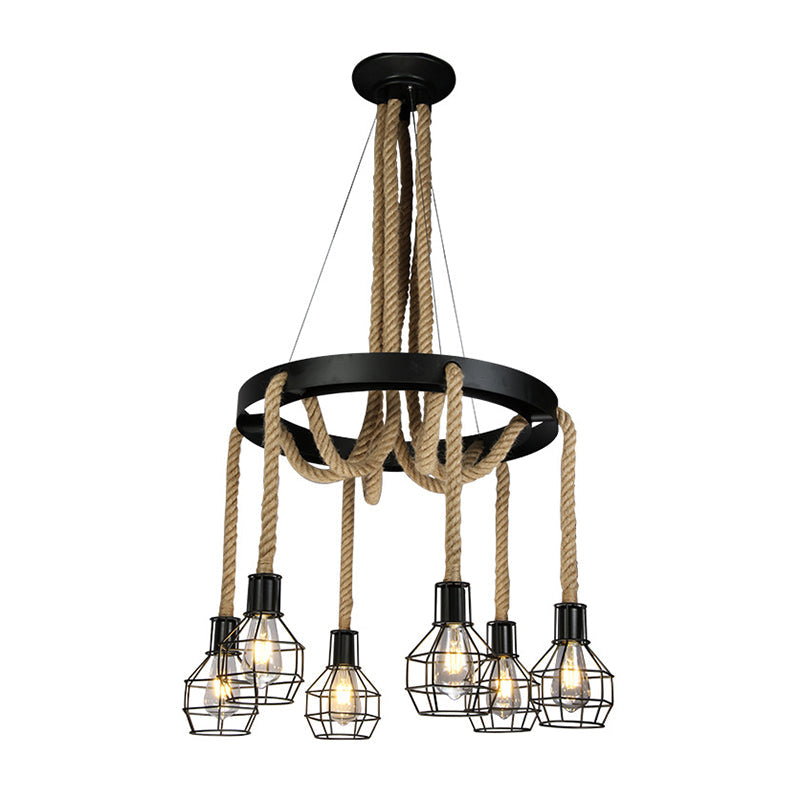 Retro-Style Metallic Ceiling Light With Hemp Rope For Restaurants - Black Grenade Chandelier