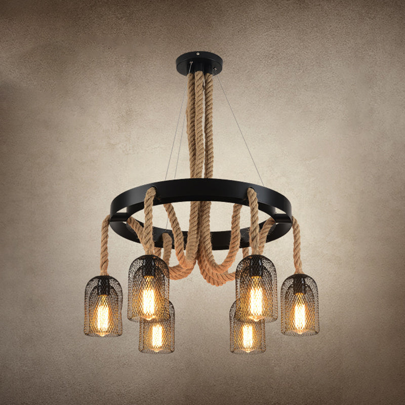 Cylinder Iron Chandelier Light: Vintage Pendant Fixture With Dangling Rope Black Color For