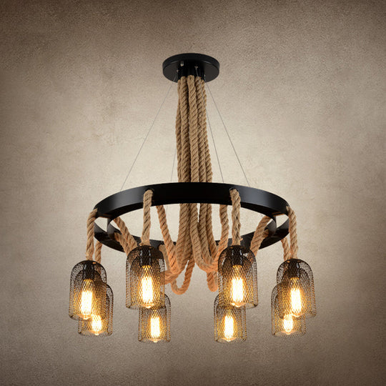 Cylinder Iron Chandelier Light: Vintage Pendant Fixture With Dangling Rope Black Color For