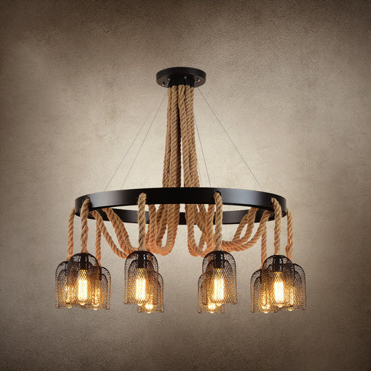 Cylinder Iron Chandelier Light: Vintage Pendant Fixture With Dangling Rope Black Color For