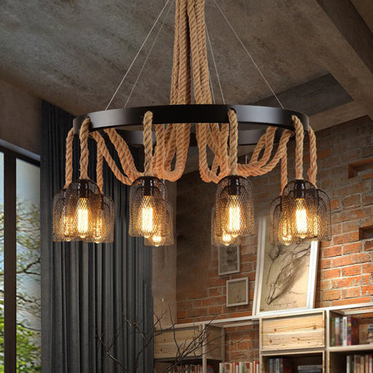 Vintage Iron Chandelier Pendant Light with Rope Detail for Restaurants - Black