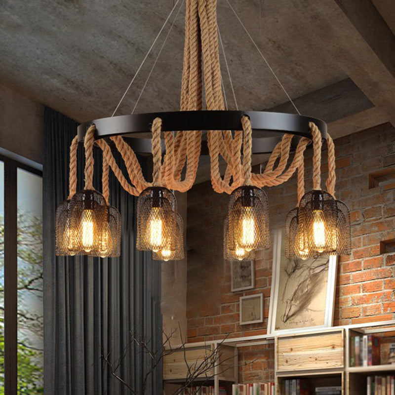 Cylinder Iron Chandelier Light: Vintage Pendant Fixture With Dangling Rope Black Color For