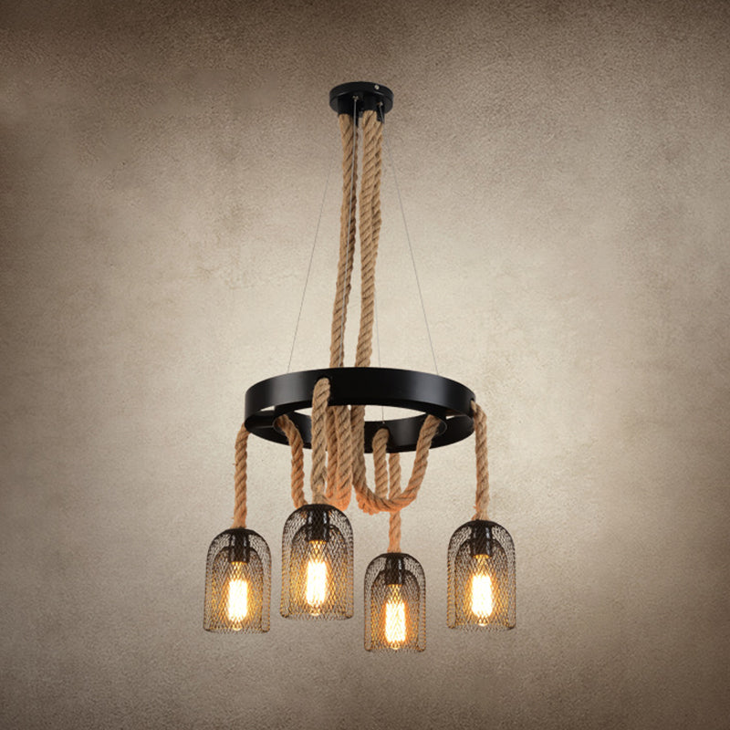 Cylinder Iron Chandelier Light: Vintage Pendant Fixture With Dangling Rope Black Color For