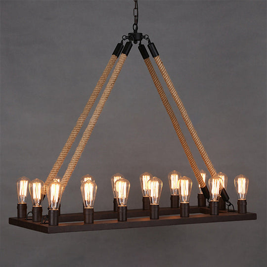 Iron Industrial Chandelier with 16 Rectangular Lights and Hemp Rope in Black for Cafes