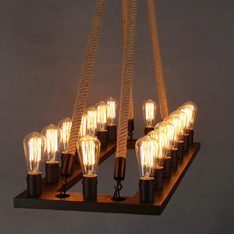 Iron Industrial Chandelier with 16 Rectangular Lights and Hemp Rope in Black for Cafes