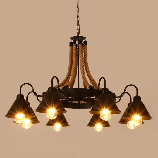 Rustic Hemp Rope Restaurant Chandelier with Black Dangling Suspension Light