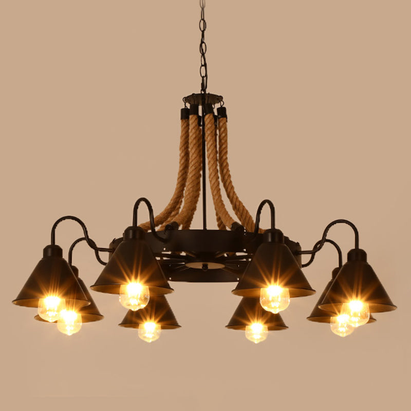 Rustic Hemp Rope Chandelier - Black Dangling Suspension Light For Restaurants 8 / A