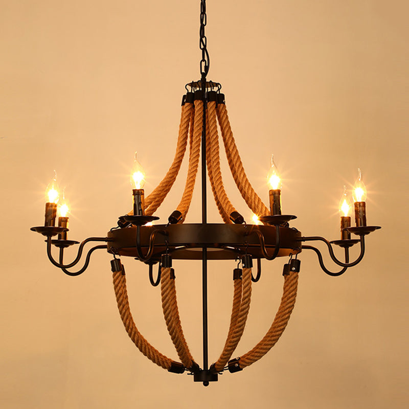 Rustic Hemp Rope Restaurant Chandelier with Black Dangling Suspension Light