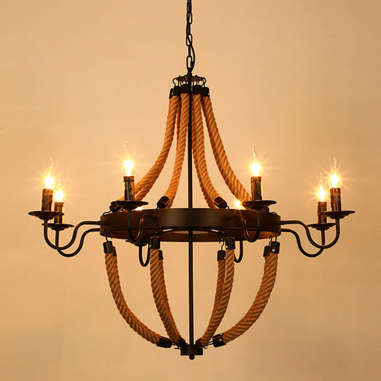 Rustic Hemp Rope Chandelier - Black Dangling Suspension Light For Restaurants 8 / D