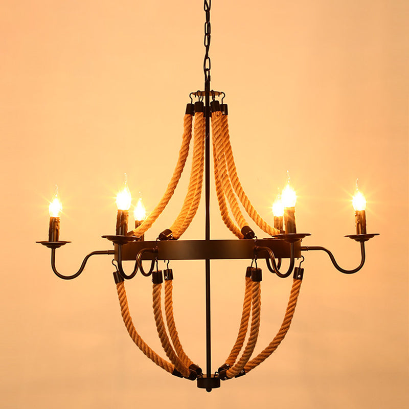 Rustic Hemp Rope Restaurant Chandelier with Black Dangling Suspension Light