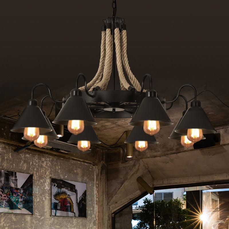 Rustic Hemp Rope Restaurant Chandelier with Black Dangling Suspension Light