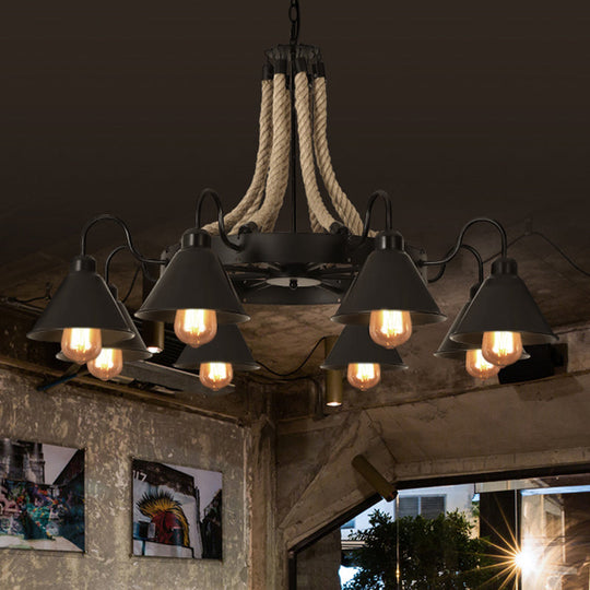 Rustic Hemp Rope Chandelier - Black Dangling Suspension Light For Restaurants