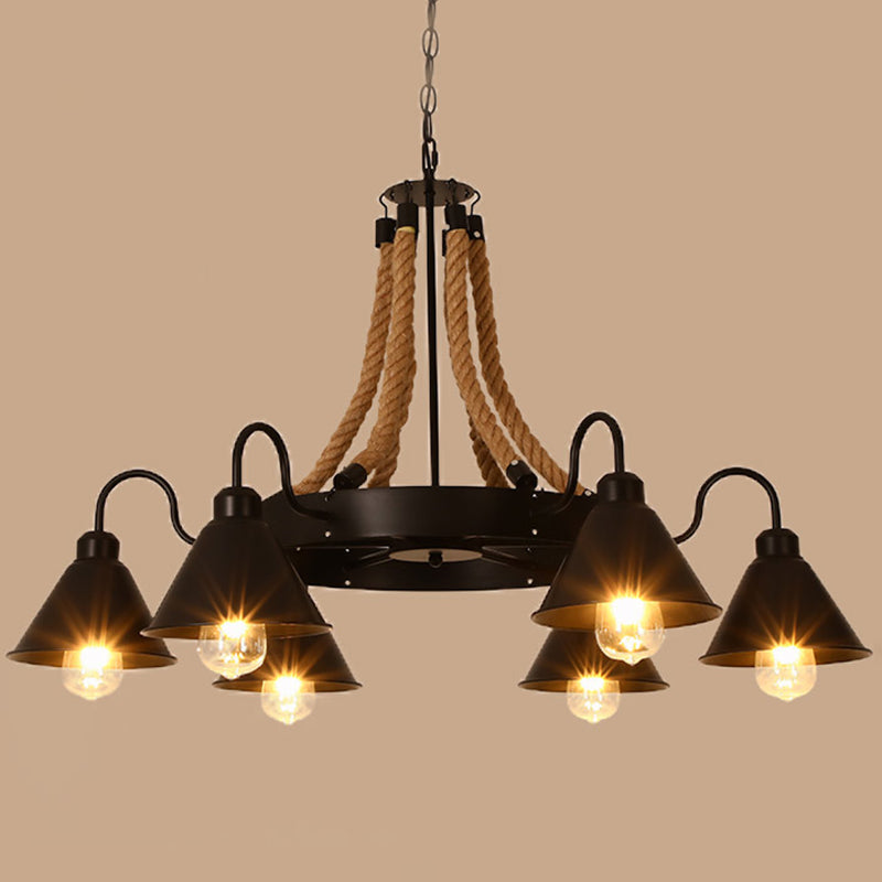 Rustic Hemp Rope Restaurant Chandelier with Black Dangling Suspension Light