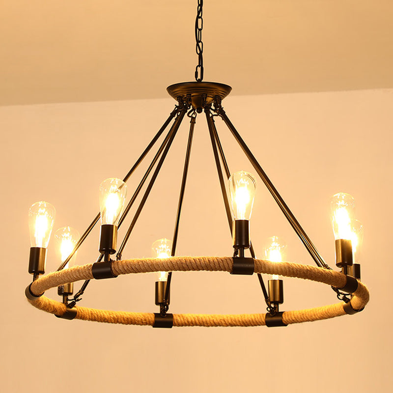 Rustic Hemp Rope Chandelier - Black Dangling Suspension Light For Restaurants 8 / B