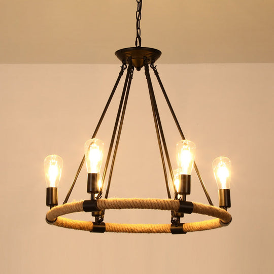 Rustic Hemp Rope Restaurant Chandelier with Black Dangling Suspension Light