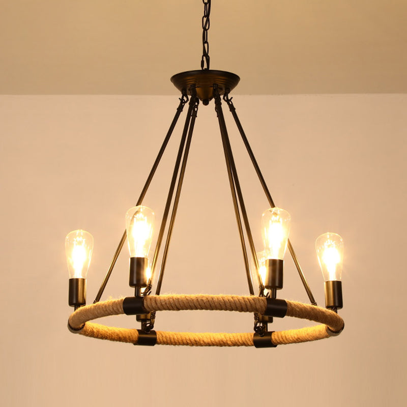 Rustic Hemp Rope Chandelier - Black Dangling Suspension Light For Restaurants 6 / B