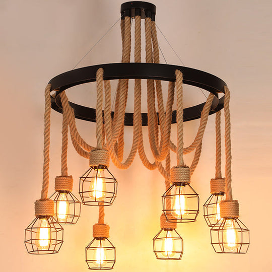 Rustic Hemp Rope Chandelier - Black Dangling Suspension Light For Restaurants 8 / E