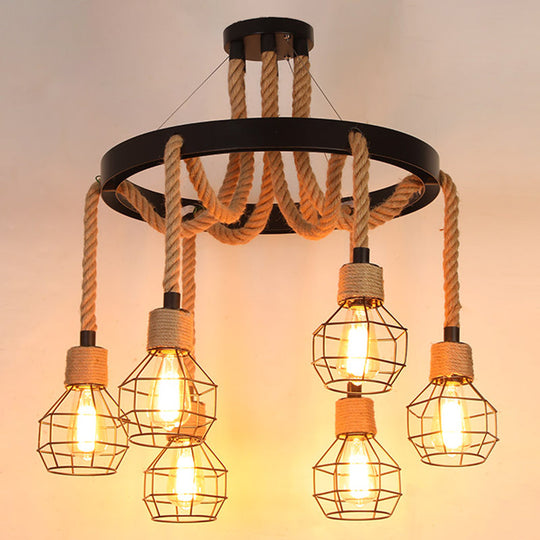 Rustic Hemp Rope Chandelier - Black Dangling Suspension Light For Restaurants 6 / E