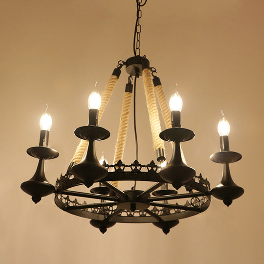 Industrial Black Hemp Rope Chandelier Light Fixture - Circular Iron Ceiling Lighting For Restaurants