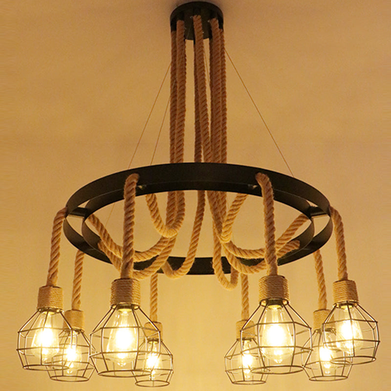 Industrial Black Hemp Rope Chandelier Light Fixture - Circular Iron Ceiling Lighting For Restaurants