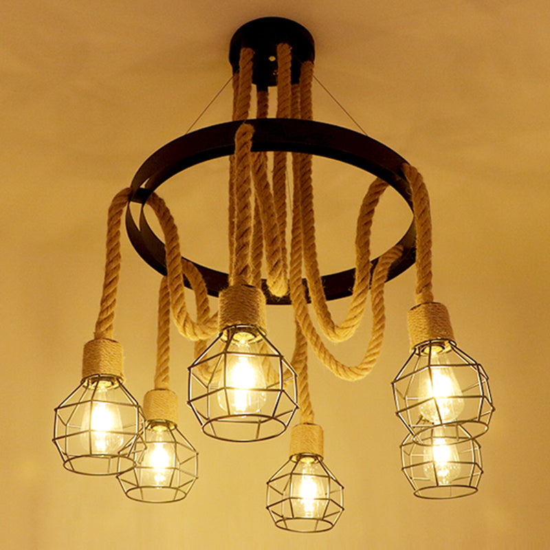 Circular Industrial Restaurant Chandelier with Hemp Rope in Black Iron Finish