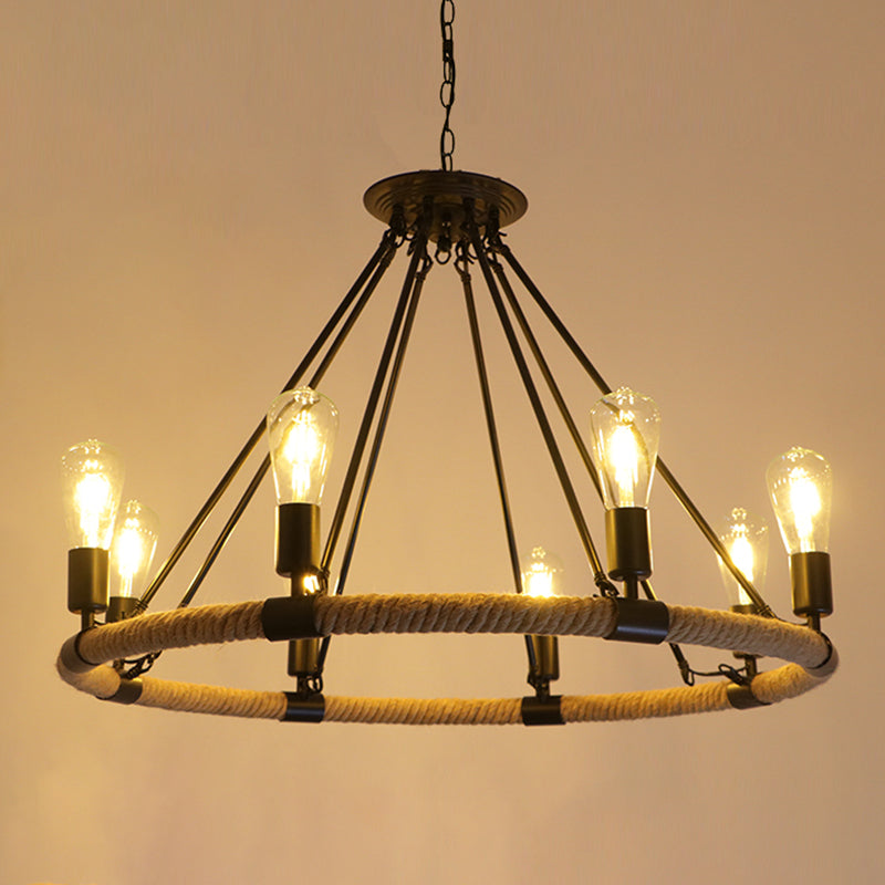 Circular Industrial Restaurant Chandelier with Hemp Rope in Black Iron Finish