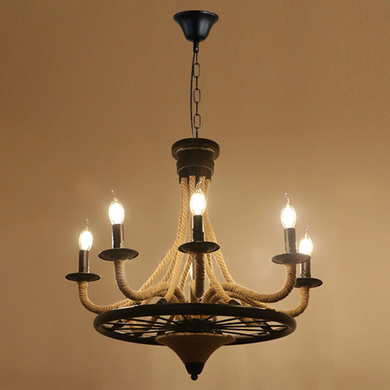 Circular Industrial Restaurant Chandelier with Hemp Rope in Black Iron Finish