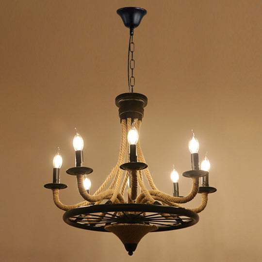 Circular Industrial Restaurant Chandelier with Hemp Rope in Black Iron Finish