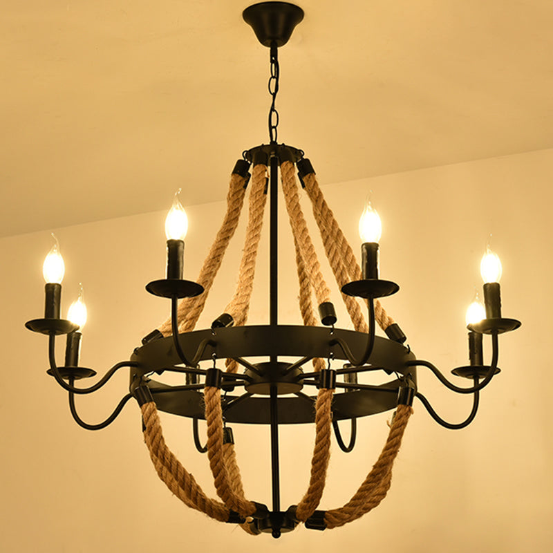 Circular Industrial Restaurant Chandelier with Hemp Rope in Black Iron Finish