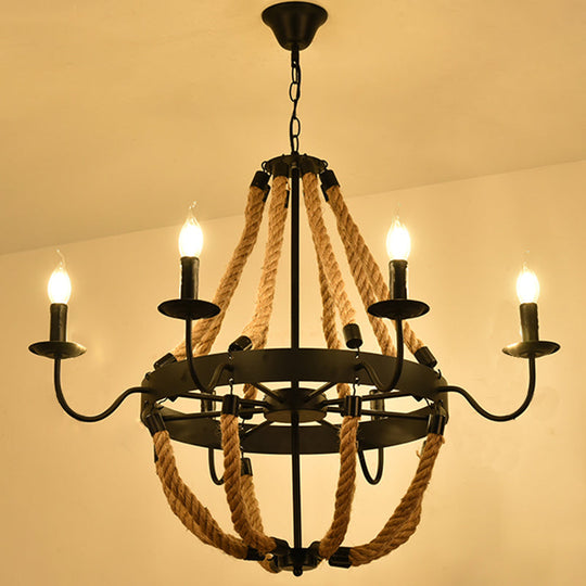 Industrial Black Hemp Rope Chandelier Light Fixture - Circular Iron Ceiling Lighting For Restaurants