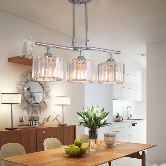 Modern Chrome Drum Crystal Pendant Light For Dining Room Island 2/3 Bulbs Hanging From Ceiling