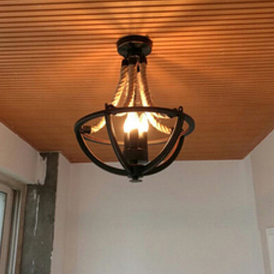 Retro Style Iron Pendant Light With 3 Bulbs And Hemp Rope - Chandelier Lighting