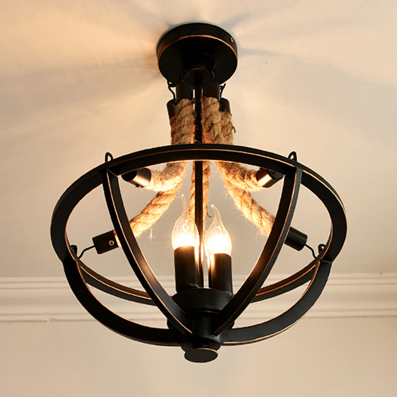 Retro Style Iron Pendant Light With 3 Bulbs And Hemp Rope - Chandelier Lighting