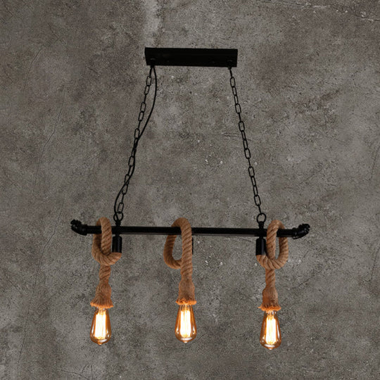 Rustic Metallic Water Pipe Hanging Lamp With Hemp Rope - Black Restaurant Chandelier 3 /