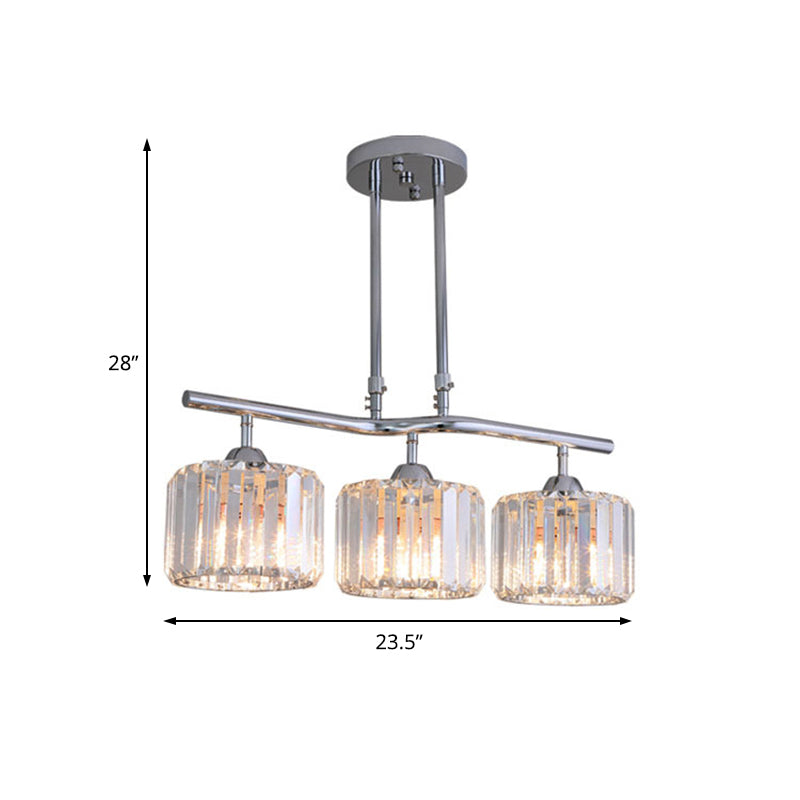 Modern Chrome Drum Crystal Pendant Light For Dining Room Island 2/3 Bulbs Hanging From Ceiling