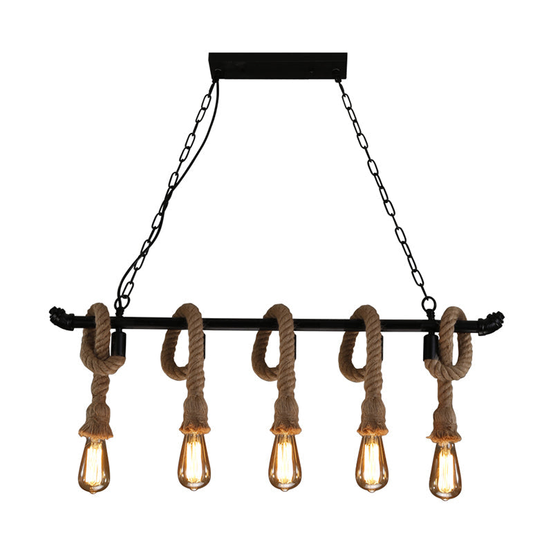 Rustic Metallic Water Pipe Hanging Lamp With Hemp Rope - Black Restaurant Chandelier