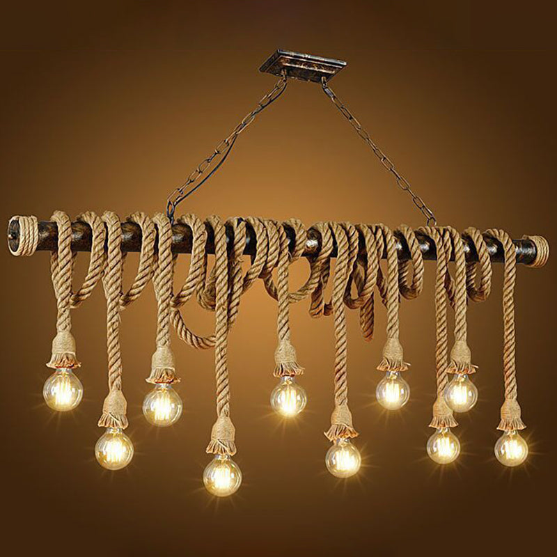 Retro Hemp Rope Exposed Bulb Pendant Light Fixture For Ceiling Ideal Restaurants - Flaxen Island