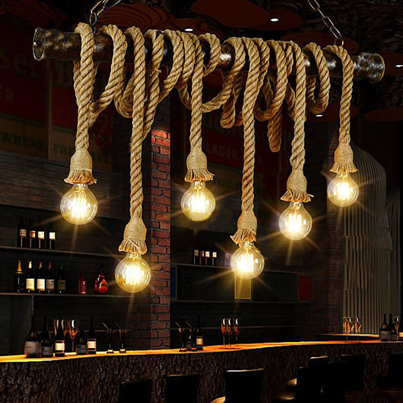 Retro Hemp Rope Exposed Bulb Pendant Light Fixture For Ceiling Ideal Restaurants - Flaxen Island