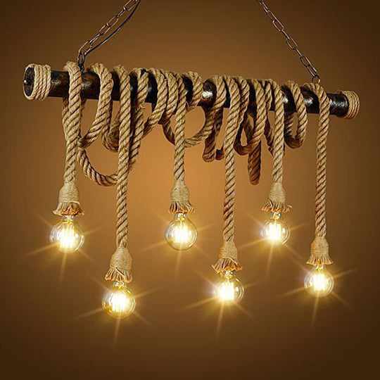 Retro Hemp Rope Exposed Bulb Pendant Light Fixture For Ceiling Ideal Restaurants - Flaxen Island