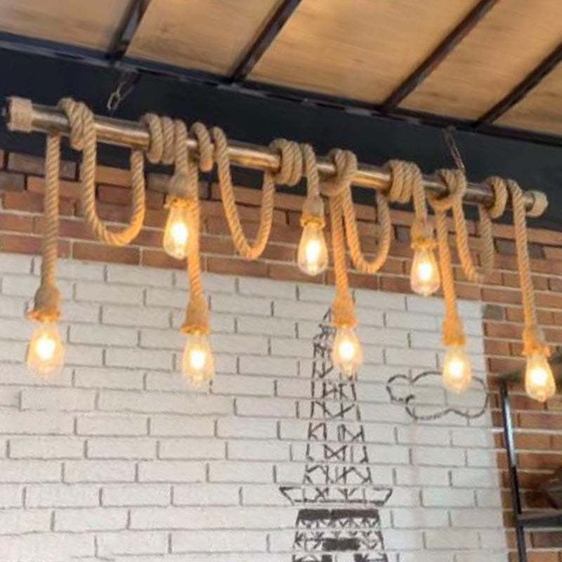 Retro Hemp Rope Exposed Bulb Pendant Light Fixture For Ceiling Ideal Restaurants - Flaxen Island