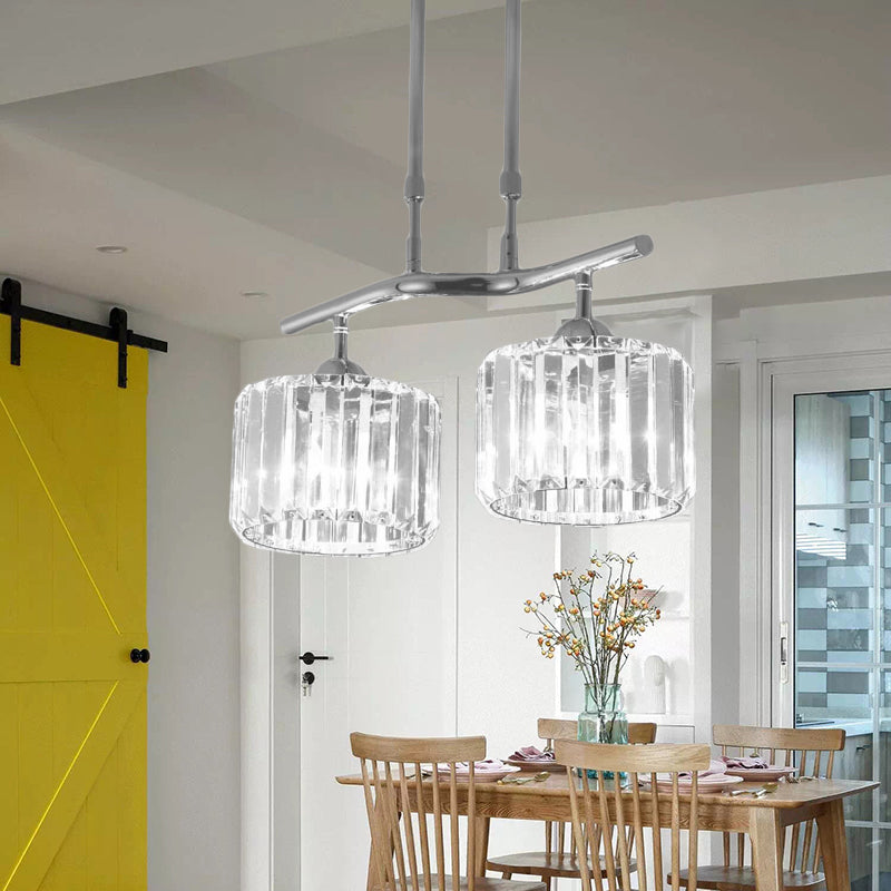 Modern Chrome Drum Crystal Pendant Light For Dining Room Island 2/3 Bulbs Hanging From Ceiling