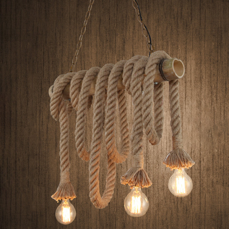 Hemp Rope Pendant Light: Industrial Island Lighting With Bamboo Tube In Flaxen 3 /