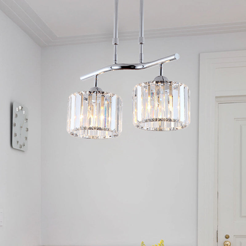 Modern Chrome Drum Crystal Pendant Light For Dining Room Island 2/3 Bulbs Hanging From Ceiling