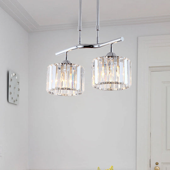 Modern Chrome Drum Crystal Pendant Light For Dining Room Island 2/3 Bulbs Hanging From Ceiling