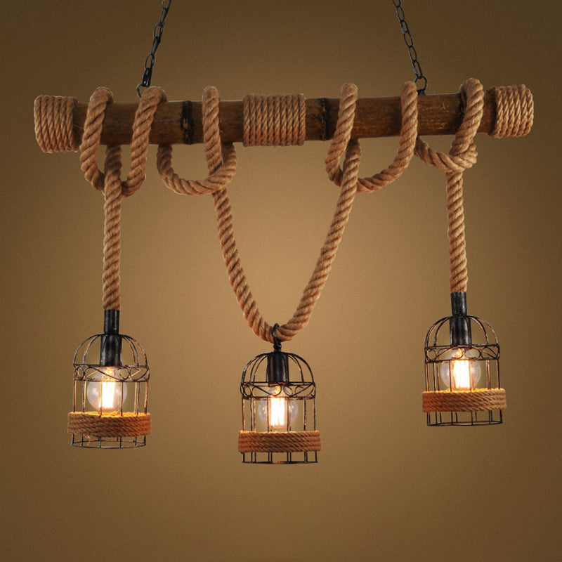 Flaxen Retro Birdcage Island Ceiling Light With Hemp Rope - 3 Bulbs Suspension Lighting